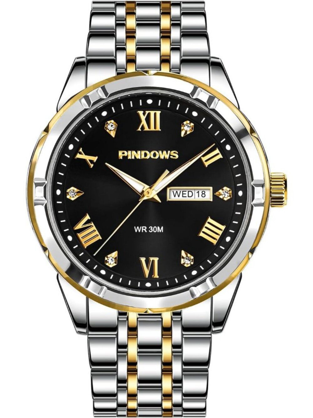 Men's Two Tone Black Classic Quartz Watch Stainless Steel Diamond Dial Watch
